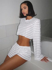 White Stripe Long Sleeve Crop Top And Shorts Set