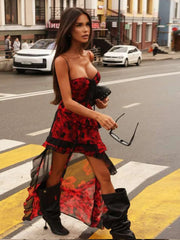 Rose Print Ruffles Hem Maxi Dress