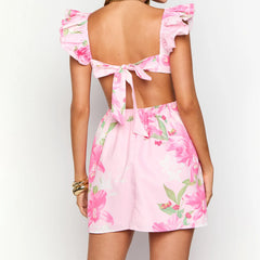 Pink V-Neck Sleeve Tie Up Floral Mini Dress