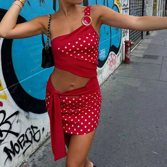 Red Polka Dot One-Shoulder Asymmetrical Cutout Mini Dress