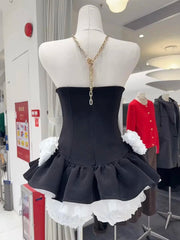 Black Frill 3d Flower Waist Desgin Strapless Blommers Layer Mini Dress