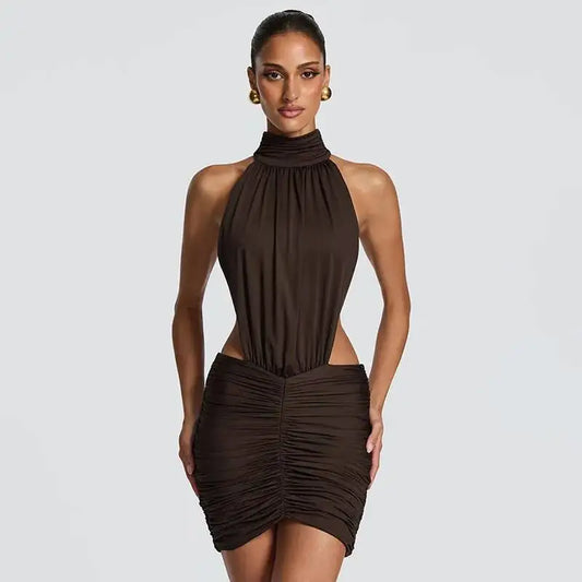 Bodycon Ruched Open-Back High-Neck Mini Dress