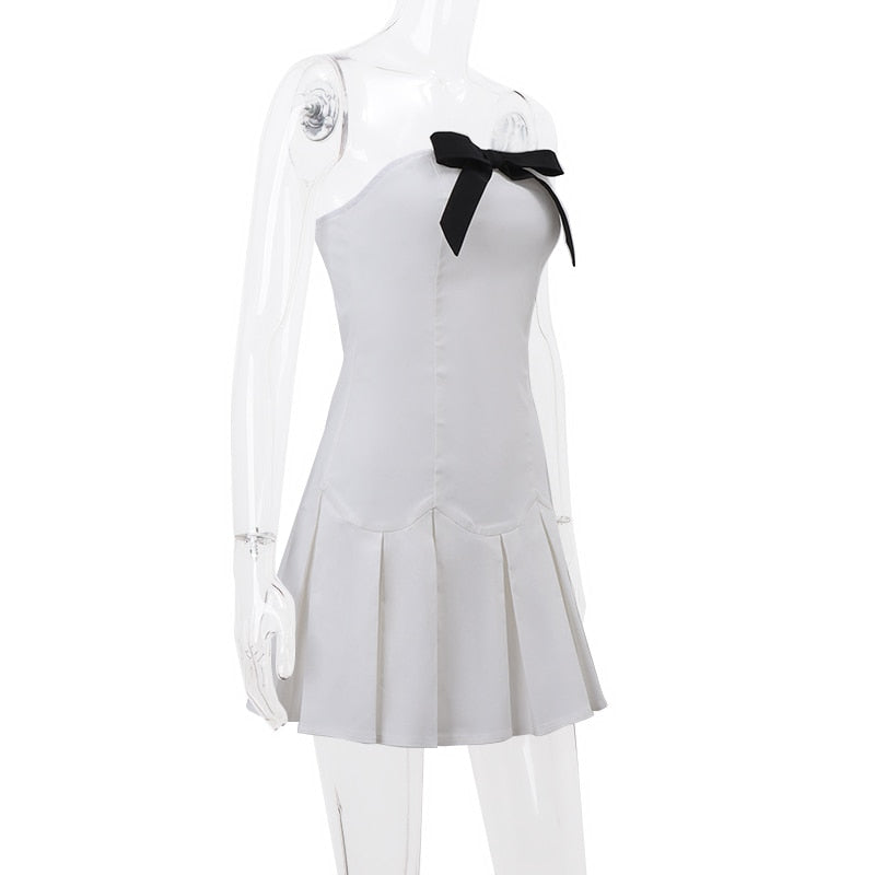 White Bow Design Pleated Mini Dress