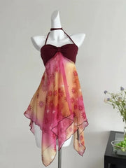Red Halterneck Floral Print Top