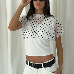 Polka Dot Mesh Overlay Short Sleeve Top
