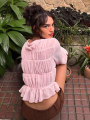 Pink Ruched Drawstring Long Sleeve Top