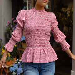 Pink Plaid Long Lantern Sleeve Smocked Top