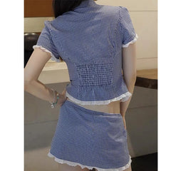 Plaid Short Sleeve Lapel Collar Top