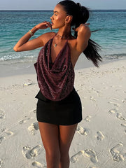 Purple Sequins Halter Backless Top