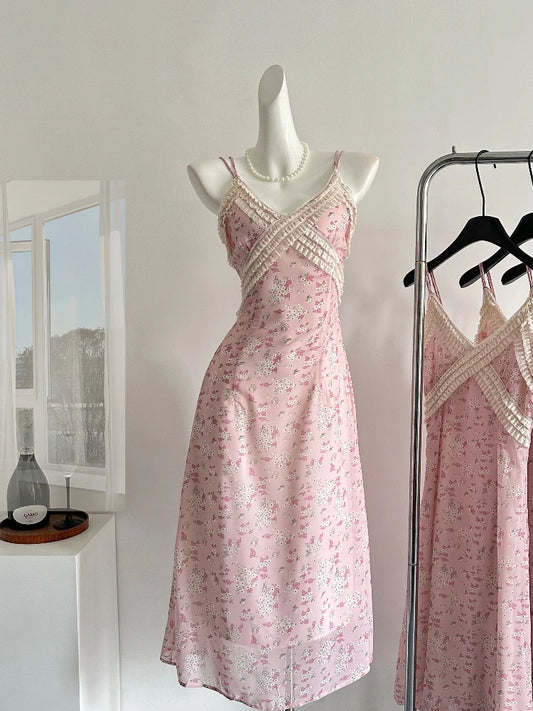 Pink Printed Frill Strap Midi Dress