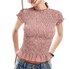 Round Neck Gingham Smocked Short Sleeve Top