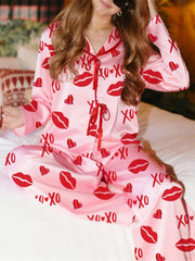 Long Sleeve Heart Lip Print Shirt and Pants Sleepwear Set