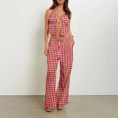 Stripe Tie-Up Halter Neck Backless Tank Top And Wide-Leg Pants Set