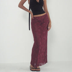 Red Sequin Beaded Mesh Long Skirt