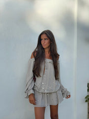 Grey Off Shoulder Ruffle Sequin  Drawstring Waist Mini Dress