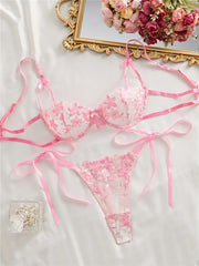 Ribbon Tie Up Embroidery Flower Half Cup Lingerie Set