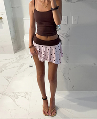 Brown Cami Crop Top And Polka Dot Mini Skirt Set