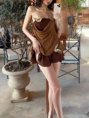Brown Butterfly Cowl Mesh Ruffle Mini Dress