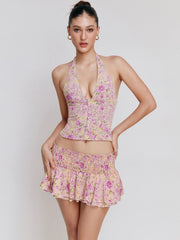 Floral Print Halter Buttoned Top And Mini Skirt Set - Free From Label