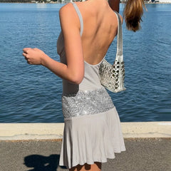 Grey Sequin Strap Patchwork Mini Dress