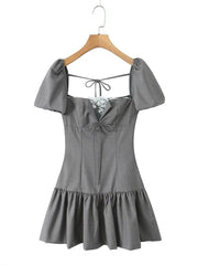 Grey Lace Patchwork Puff Sleeve Mini Dress