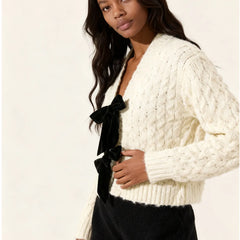 White Knit Tie Bow Front Cardigan