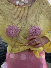 Sheer Shell Embroidered Yellow Knit Long Sleeve Top