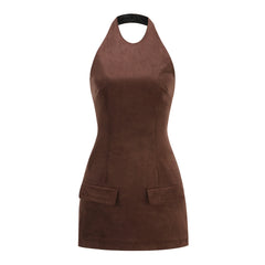 Brown Seaud Halter Mini Dress