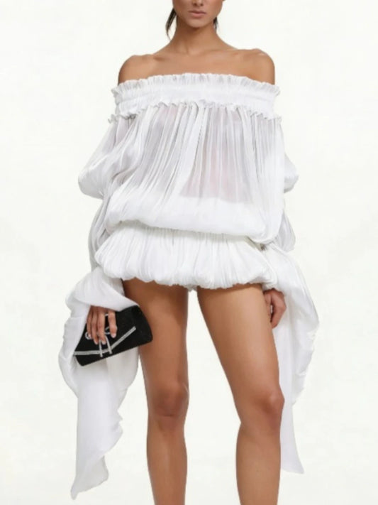 Slash Neck Long Sleeve Puff Mesh Hem Frill Mini Dress