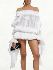 Slash Neck Long Sleeve Puff Mesh Hem Frill Mini Dress