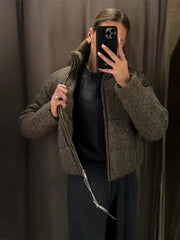 Grey Cabel Knit Padded Stand Collar Coat