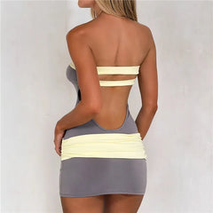 Colour Block Strapless Metal Buckle Mini Bodycon Dress