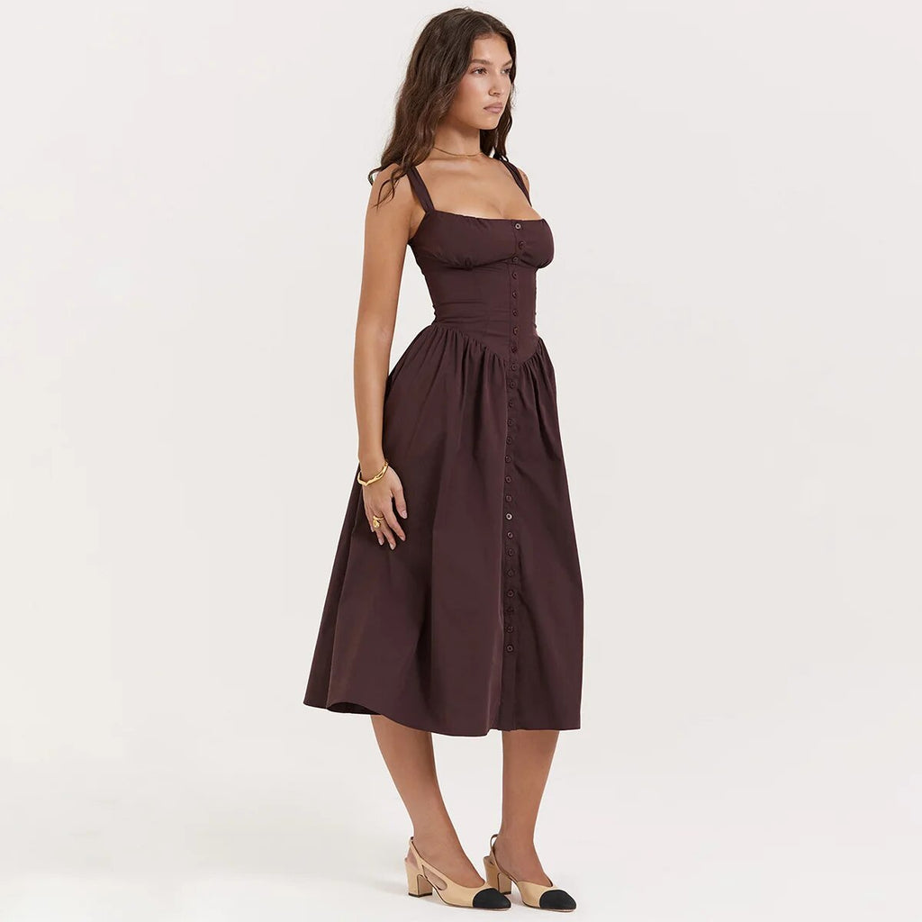 Brown Buttoned Strap Midi Dress