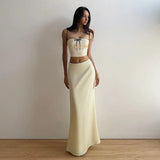 Satin Contrast Trim Bow Crop Top And Maxi Skirt Two Piece Set