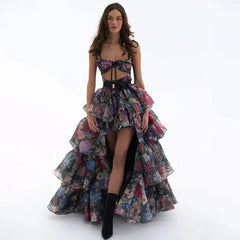 Printed Tie Up Strap Tiered Frill Irregularity Maxi Dress