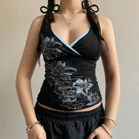 Black V-neck Printed Top