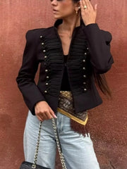 Napoleon Stand Collar Embroided Buttoned Crop Jacket