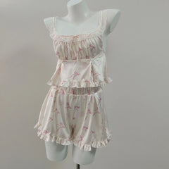 Floral Bow Satin Crop Top And Shorts Sleepwear Set