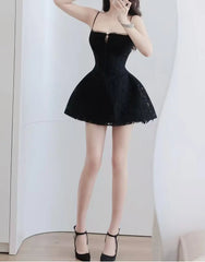 Black Lace Spaghetti Strap Flared Mini Dress