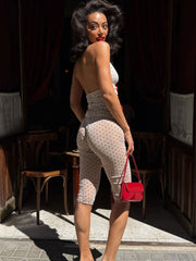 White Polka Dot Rose Applique Halter Top And Mesh Capri Pants Set