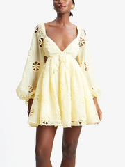 Yellow Floral Embroidery Long Sleeve Mini Dress