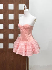 Strapless Lace-up Puffy Ruffles Patchwork Mini Dress