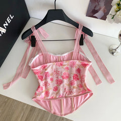 Pink Floral Print Bow Mesh Straps Corset Top