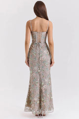 Sequin Embroidered Strap Lace Back Maxi Dress