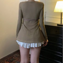 Brown Long Sleeve Babydoll Top with Dot Print Belt