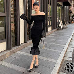 Black Off Shoulder Knitted Long Mermaid Fishtail Dress