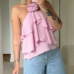 Halter 3D Flower Layered Ruffles Top
