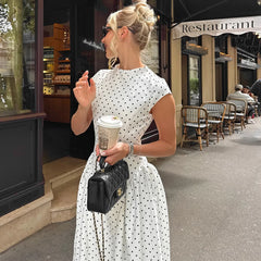 White Polka Dot High Neck Short Sleeve Dress
