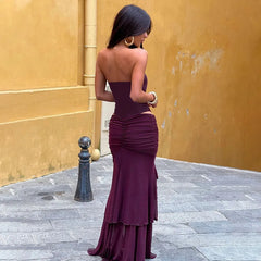 Purple Mesh Patchwork Tube Top And Ruffles Flower Midi Skirt Set