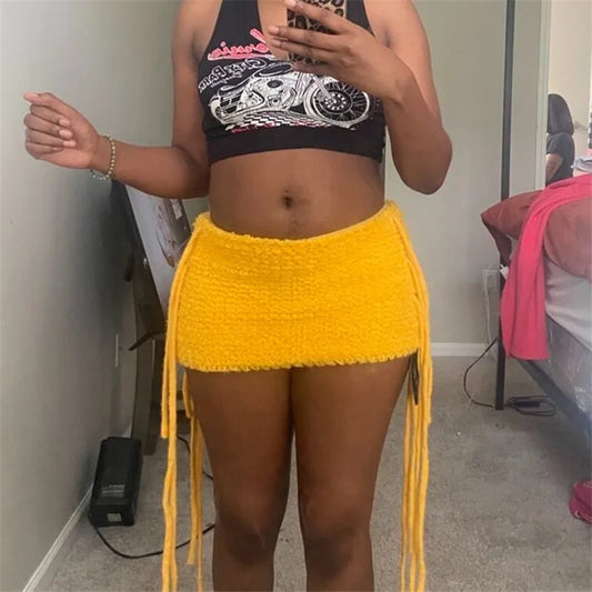 Knit Low Rise Tassel Fringe Bodycon Micro Skirt